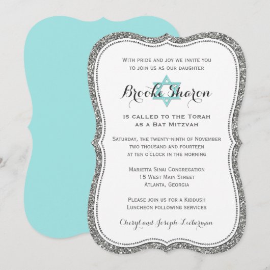 Bat Mitzvah Uitnodiging | FAUX Silver glitter (Voorkant / Achterkant)