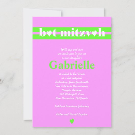 Bat Mitzvah Uitnodiging Gabrielle Pink Green (Voorkant)