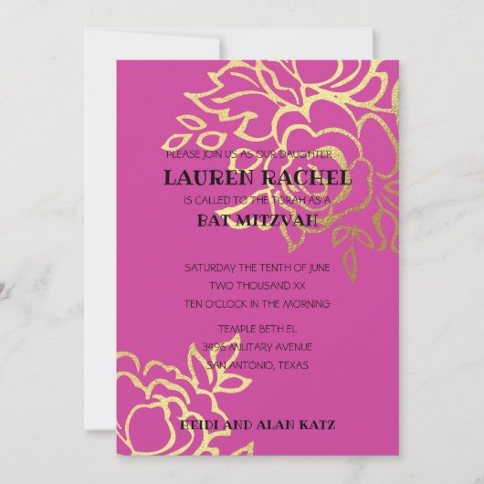 Bat Mitzvah Uitnodiging Gouden Bloemen op elke kle (Voorkant)