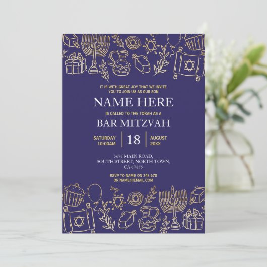 Bat Mitzvah Uitnodiging Joodse Marine Star Blauw G (Staand voorkant)