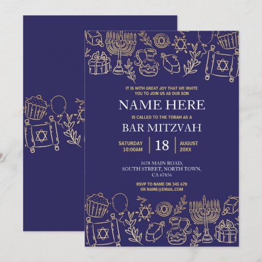 Bat Mitzvah Uitnodiging Joodse Marine Star Blauw G (Voorkant / Achterkant)
