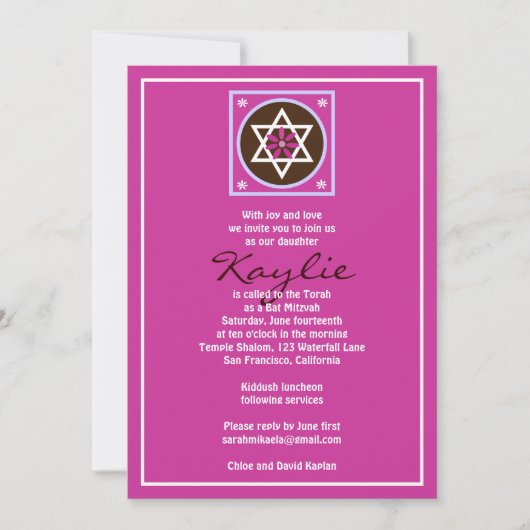 Bat Mitzvah Uitnodiging Kaylie Jewish Star Pink (Voorkant)