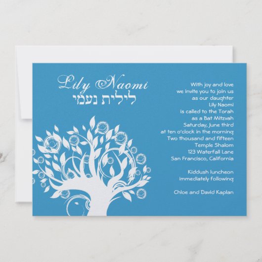 Bat Mitzvah Uitnodiging Lily Naomi Tree Blue (Voorkant)