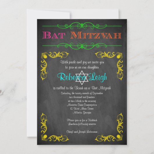Bat Mitzvah Uitnodiging | Neon Chalkboard (Voorkant)