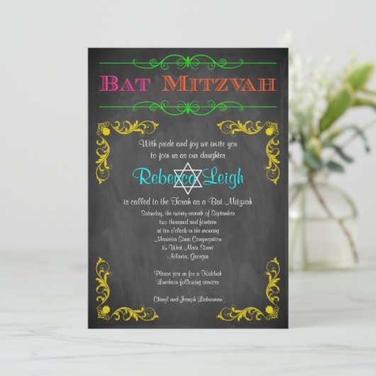 Bat Mitzvah Uitnodiging | Neon Chalkboard (Staand voorkant)