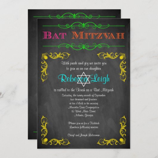 Bat Mitzvah Uitnodiging | Neon Chalkboard (Voorkant / Achterkant)