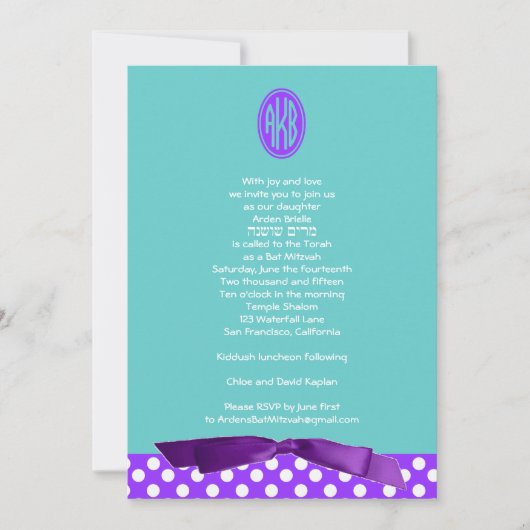 Bat Mitzvah Uitnodiging Paarse Bow Polka Dot (Voorkant)