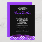 Bat Mitzvah Uitnodiging Rosie Paarse Bow Black (Voorkant / Achterkant)