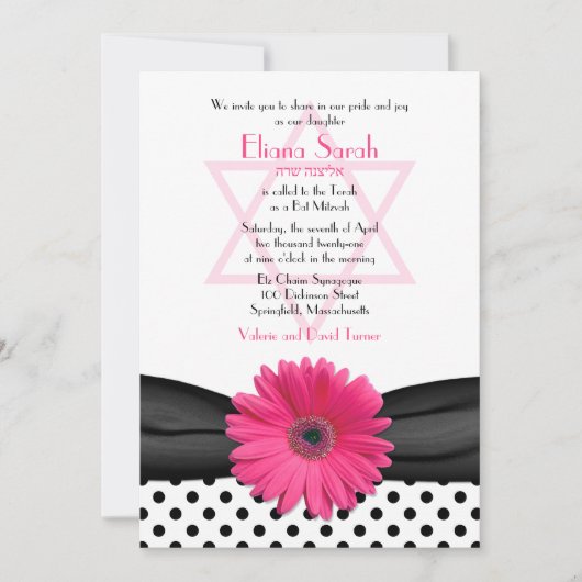 Bat Mitzvah Uitnodiging | Roze Daisy Polka Dot (Voorkant)