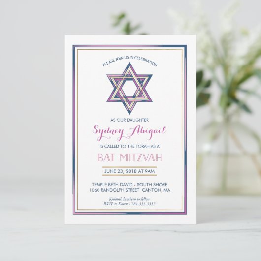 Bat Mitzvah Uitnodiging - Ster van David w/Gold (Staand voorkant)