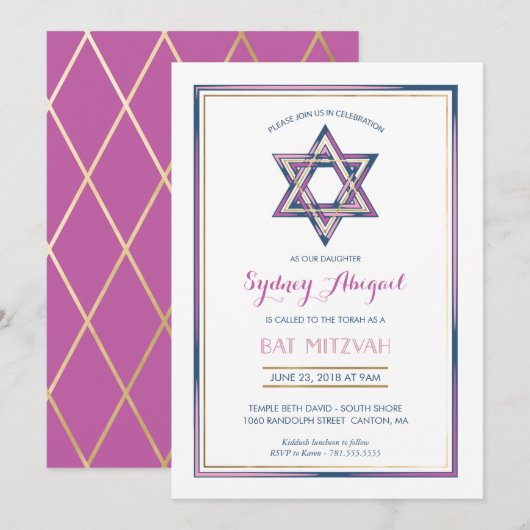 Bat Mitzvah Uitnodiging - Ster van David w/Gold (Voorkant / Achterkant)