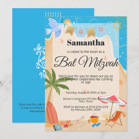 Bat mitzvah uitnodiging: Strand thema, QR Kaart (Voorkant / Achterkant)