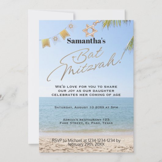 Bat mitzvah uitnodiging: Strand thema, QR Kaart (Voorkant)