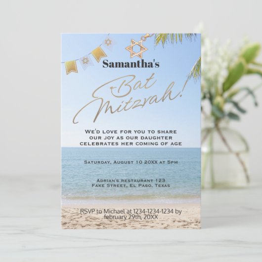 Bat mitzvah uitnodiging: Strand thema, QR Kaart (Staand voorkant)