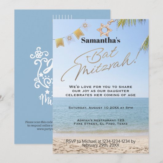 Bat mitzvah uitnodiging: Strand thema, QR Kaart (Voorkant / Achterkant)