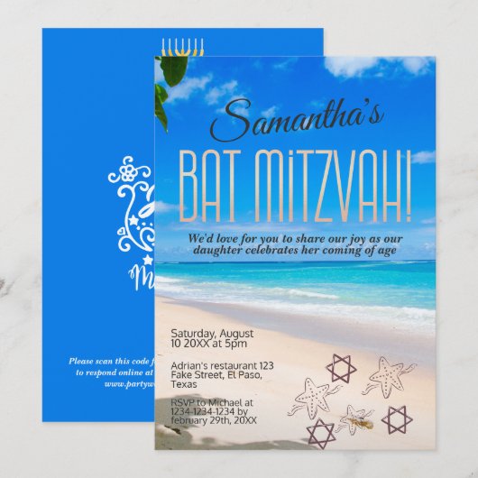 Bat mitzvah uitnodiging: Strand thema, QR Kaart (Voorkant / Achterkant)