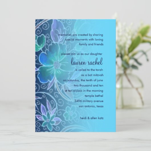 Bat Mitzvah Uitnodiging Sweet Floral Blue (Staand voorkant)