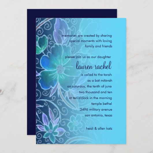 Bat Mitzvah Uitnodiging Sweet Floral Blue (Voorkant / Achterkant)