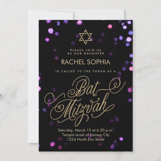 Bat Mitzvah Uitnodigingen | Elegant Paars en goud (Voorkant)