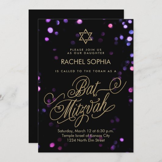 Bat Mitzvah Uitnodigingen | Elegant Paars en goud (Voorkant / Achterkant)