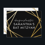 Bat Mitzvah Verandering van Plannen Modern Goud Zw Aankondigingskaart<br><div class="desc">Het moderne, trendy en elegante gouden en zwarte Bat Mitzvah briefkaart kondigt een viering of ceremoniële verandering aan in plannen voor een virtueel evenement, met een abstracte geometrische vierkantjes grens. Personaliseer eenvoudig dit betaalbare "verander de datum of plannen"-briefkaart voor uw Virtual Bat Mitzvah met aangepaste naam, datum en gegevens van...</div>