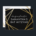 Bat Mitzvah Verandering van Plannen Modern Goud Zw Aankondigingskaart<br><div class="desc">Het moderne, trendy en elegante gouden en zwarte Bat Mitzvah briefkaart kondigt een viering of ceremoniële verandering aan in plannen voor een virtueel evenement, met een abstracte geometrische vierkantjes grens. Personaliseer eenvoudig dit betaalbare "verander de datum of plannen"-briefkaart voor uw Virtual Bat Mitzvah met aangepaste naam, datum en gegevens van...</div>