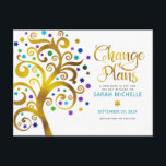 Bat Mitzvah Verandering van Plans Gold Blauwgroen  Uitnodiging Briefkaart<br><div class="desc">Zorg ervoor dat al je vrienden en familieleden nog steeds de mijlpaal van je dochter Bat Mitzvah kunnen vieren, ongeacht de huidige onvoorziene omstandigheden wereldwijd. Stuur deze prachtige, grafisch faux gouden folie met sprankelend turquoise, blauwgroen, paarse en blauwe davidster en stip "bladeren" op een witte achtergrond, gepersonaliseerd briefkaart "Change of...</div>