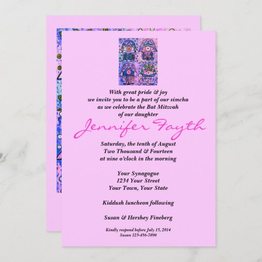 Bat Mitzvah - Vier Roze Hamsa  Tapastry Kaart (Voorkant / Achterkant)