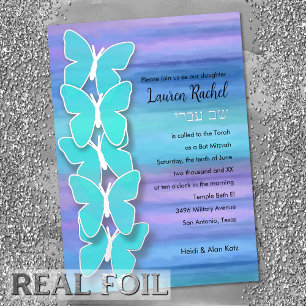 Bat Mitzvah Vlinder Turquoise Paars Waterverf Folie Uitnodiging