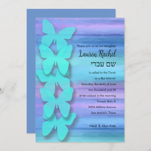 Bat Mitzvah Vlinder Turquoise Paars Waterverf Kaart (Voorkant / Achterkant)