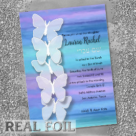 Bat Mitzvah Vlinder Turquoise Paarse Waterverf Folie Uitnodiging