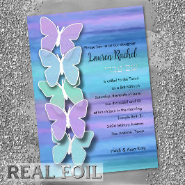 Bat Mitzvah Vlinder Turquoise Paarse Waterverf Folie Uitnodiging