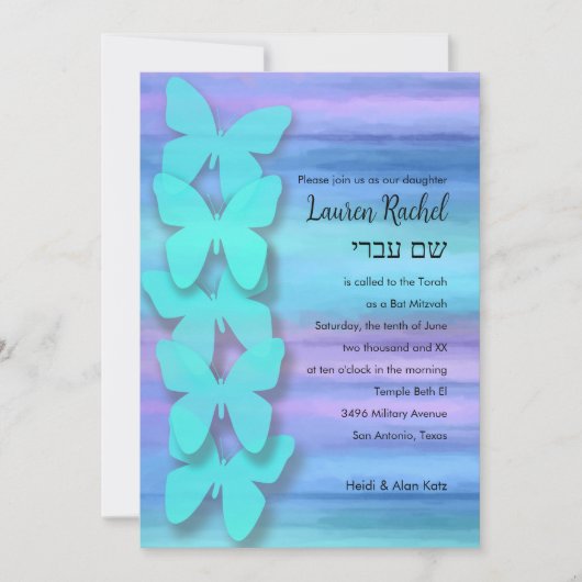 Bat Mitzvah Vlinder Turquoise Paarse Waterverf Kaart (Voorkant)