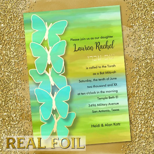 Bat Mitzvah Vlinder Waterverf Blauw Groen Geel Folie Uitnodiging