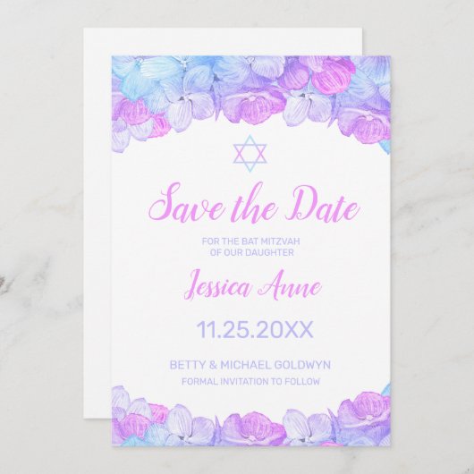 Bat Mitzvah Watercolo Floral Save the Date (Voorkant / Achterkant)