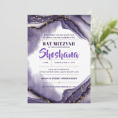 Bat Mitzvah Waterverf Agate Glitter Paars Kaart (Staand voorkant)