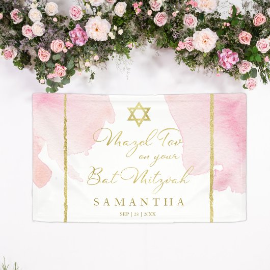 Bat Mitzvah Waterverf Banner Abstract Roze Verguld