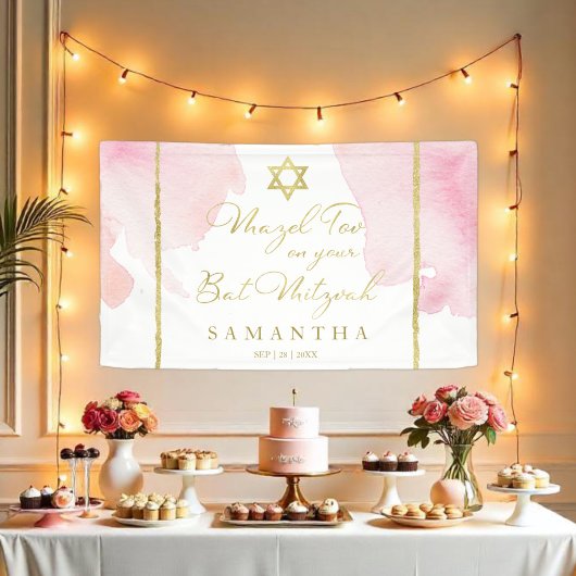 Bat Mitzvah Waterverf Banner Abstract Roze Verguld
