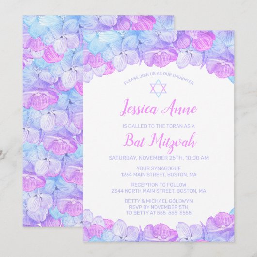 Bat Mitzvah Waterverf Bloemen Roze Blauw Hydrangea Kaart (Voorkant / Achterkant)