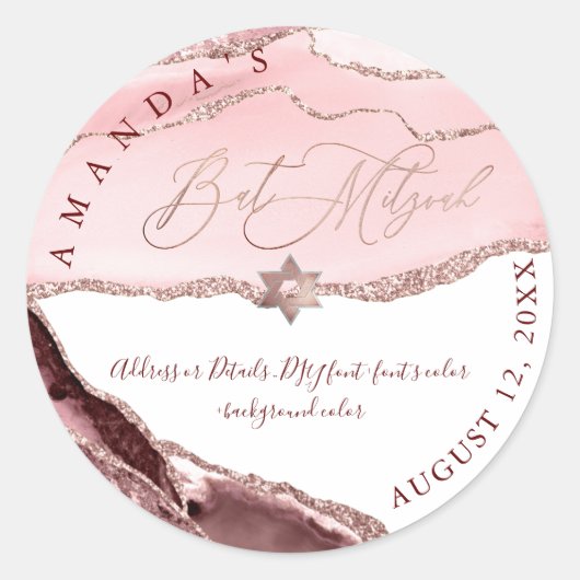 Bat Mitzvah, Waterverf Blush Burgundy Agate Ronde Sticker (Voorkant)