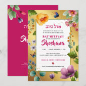Bat Mitzvah Waterverf Elegante Bloemen Glitter Kaart (Voorkant / Achterkant)