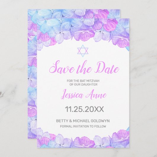 Bat Mitzvah Waterverf Floral roze sparen de Datum Save The Date (Voorkant / Achterkant)
