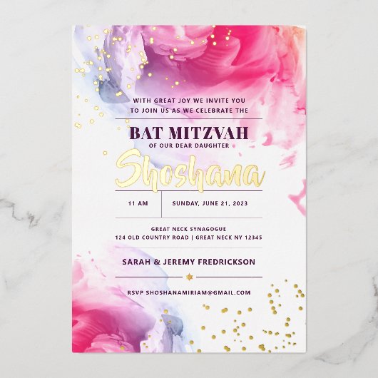 Bat Mitzvah Waterverf Glitter Invitation REAL Folie Uitnodiging (Voorkant)