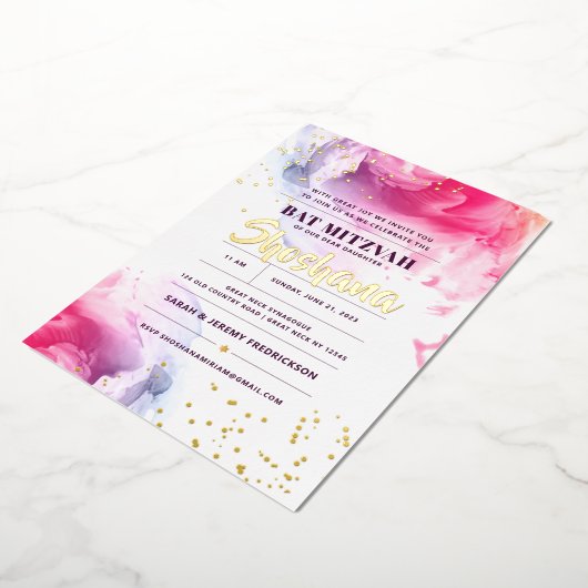 Bat Mitzvah Waterverf Glitter Invitation REAL Folie Uitnodiging (Gedraaid)