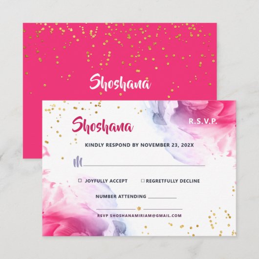 Bat Mitzvah Waterverf Glitter Response Kaart (Voorkant / Achterkant)