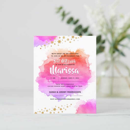 Bat Mitzvah Waterverf Glitter Uitnodiging (Staand voorkant)