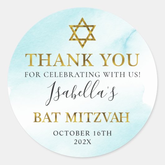 Bat Mitzvah Waterverf Pastel Blue Gold Hartelijk d Ronde Sticker (Voorkant)