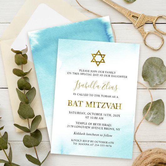 Bat Mitzvah Waterverf Pastel Blue Gold Invitation Kaart
