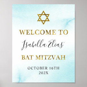 Bat Mitzvah Waterverf Pastel Blue Gold Welkom Poster