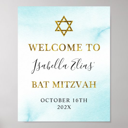 Bat Mitzvah Waterverf Pastel Blue Gold Welkom Poster (Voorkant)